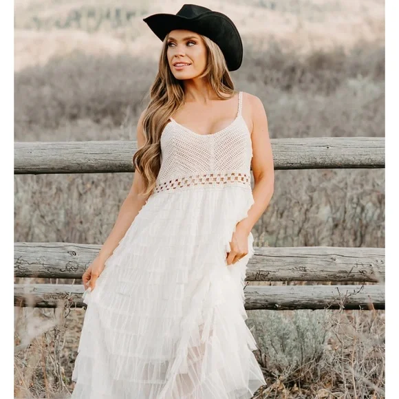 Sunlit Serenity Crochet Ruffle POL Dress (Natural) - Picture 1 of 7